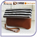 China Manufacture Foldover Canvas and Leather Striped Fashion Clutch Bag